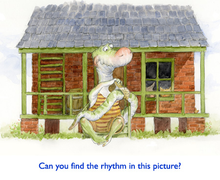 Poor Gator.  Gator needs a bandage on his tail… after trying to whack the third little Cajun piggie’s brick house down.  More artistic rhythm in Jim Harris fairytale art.